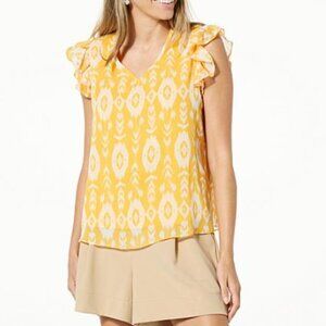 Curations X Sarah Anderson Yellow White V Neck Cap Sleeve Ruffle Blouse Medium